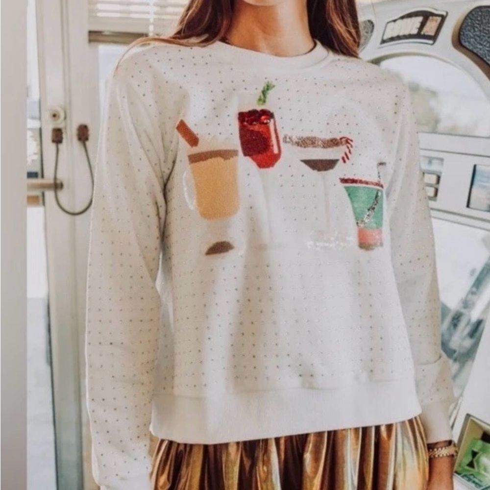 🍸🍹Queen Of Sparkles L Holiday Cocktails Sequin & Rhinestones Sweatshirt EUC - Picture 10 of 10